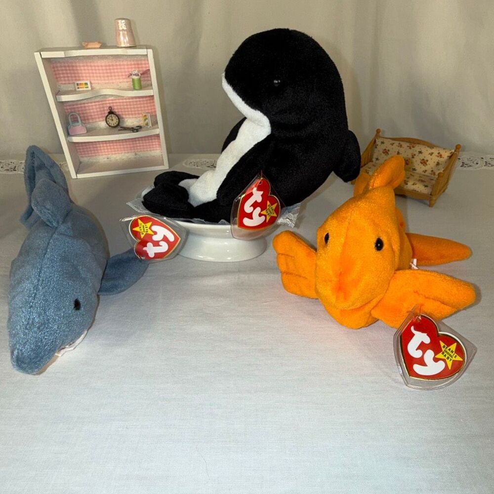 Vintage Ty Beanie Babies‎ Aquatic Trio – Goldie 1993, Crunch 1996 & Waves 1996 –